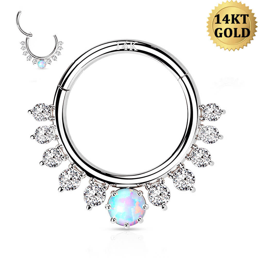 14K White Gold CZ Opal Segment Septum Ring
