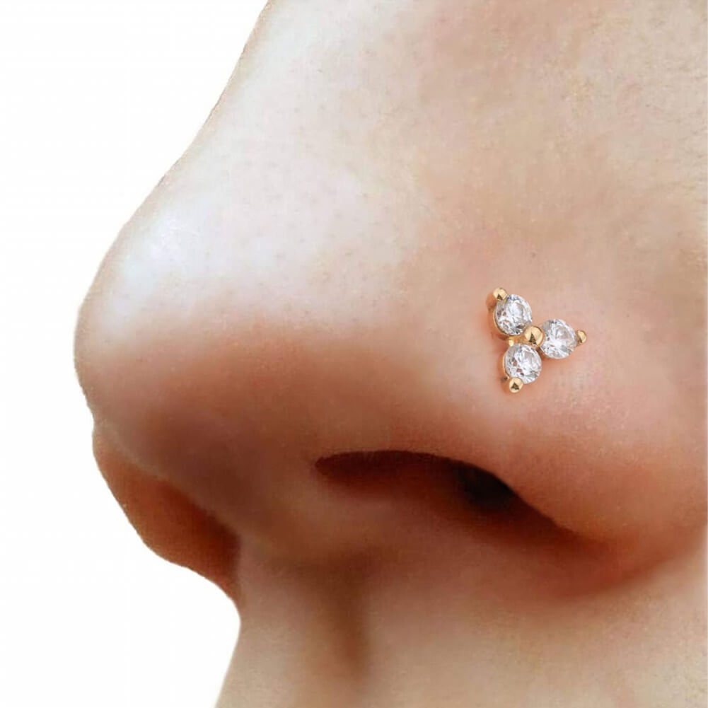 14K Gold Triple CZ Threadless Labret Stud