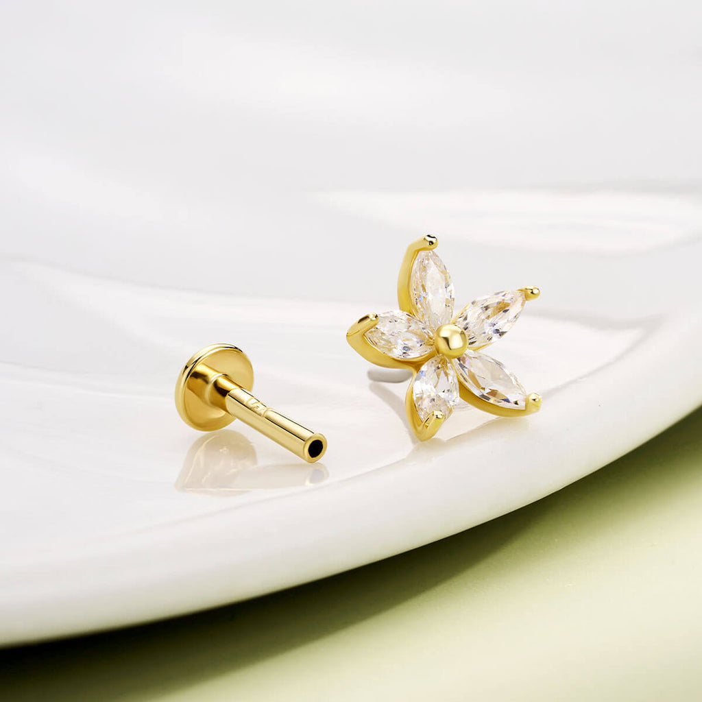 14K Gold CZ Flower Threadless Nose Stud
