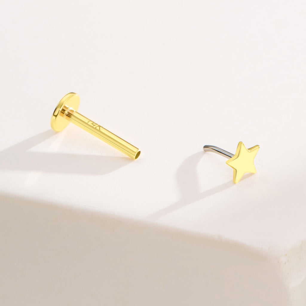 14K Gold Flat Star Threadless Nose & Earring Stud