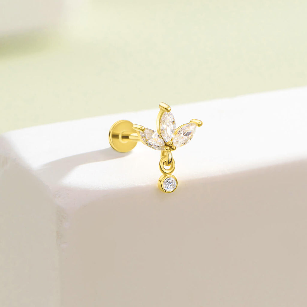 14K Gold Lotus Flower CZ Threadless Helix Stud