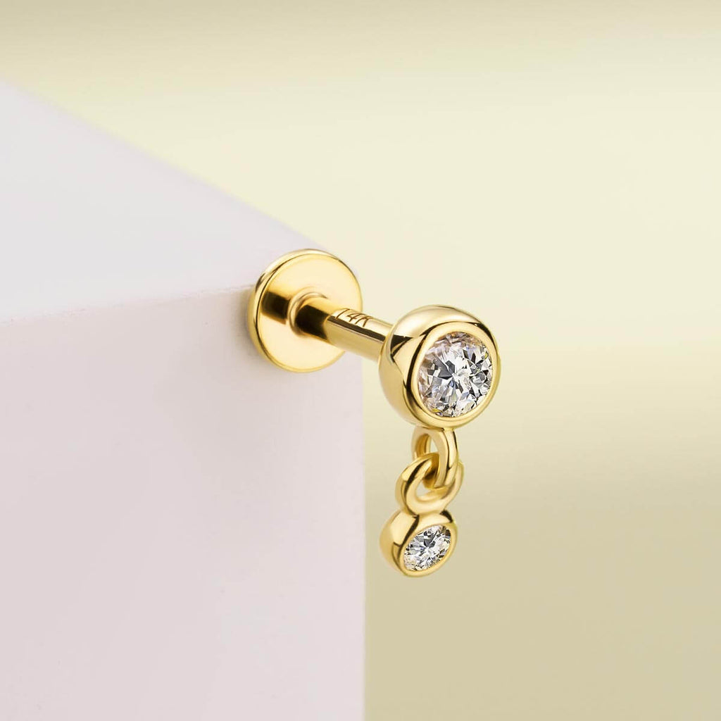 14K Gold CZ Bead Dangle Threadless Nose Stud