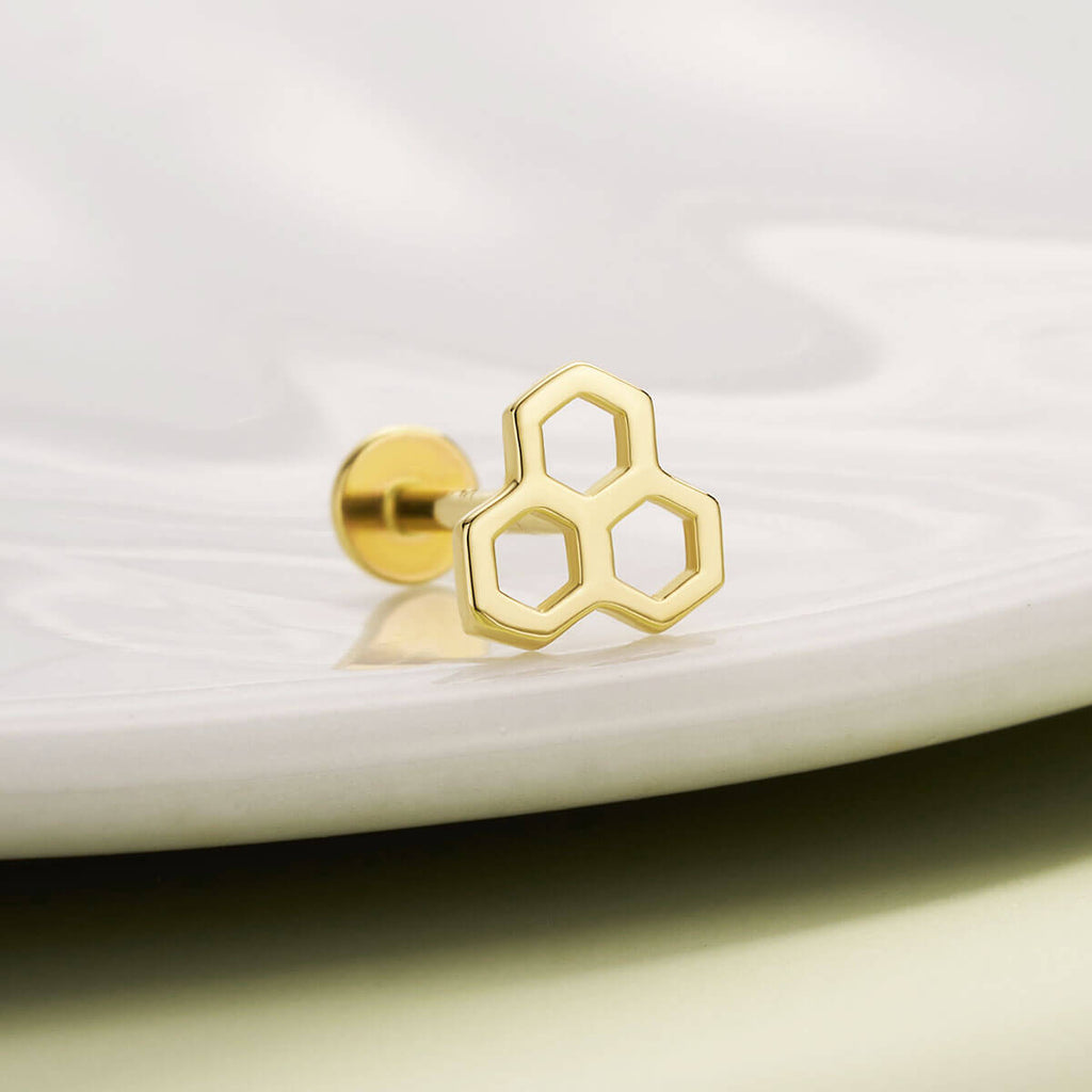 14K Gold Honeycomb Threadless Nose Stud
