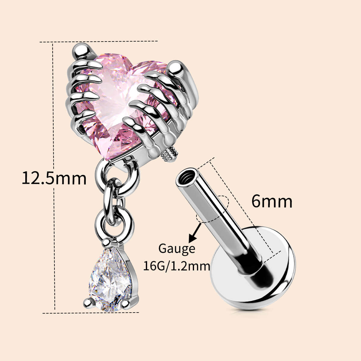 Heart CZ Internally Threaded Helix Stud