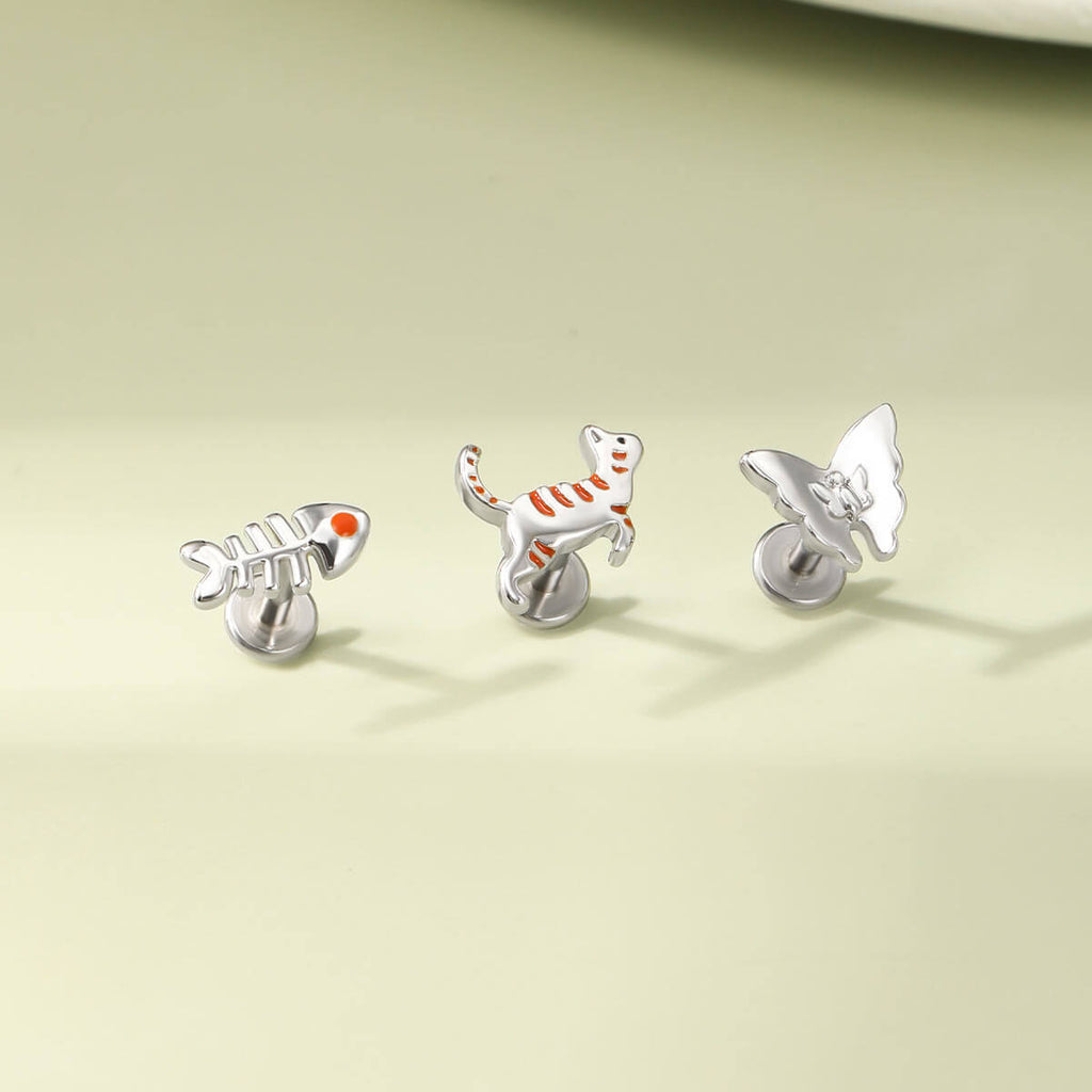 Oufer X Roly Cat Fish Butterfly Internally Threaded Cartilage Studs Set