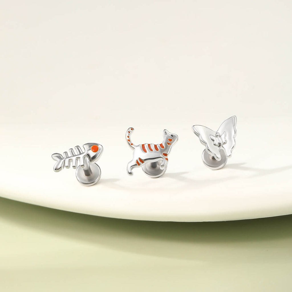 Oufer X Roly Cat Fish Butterfly Internally Threaded Cartilage Studs Set