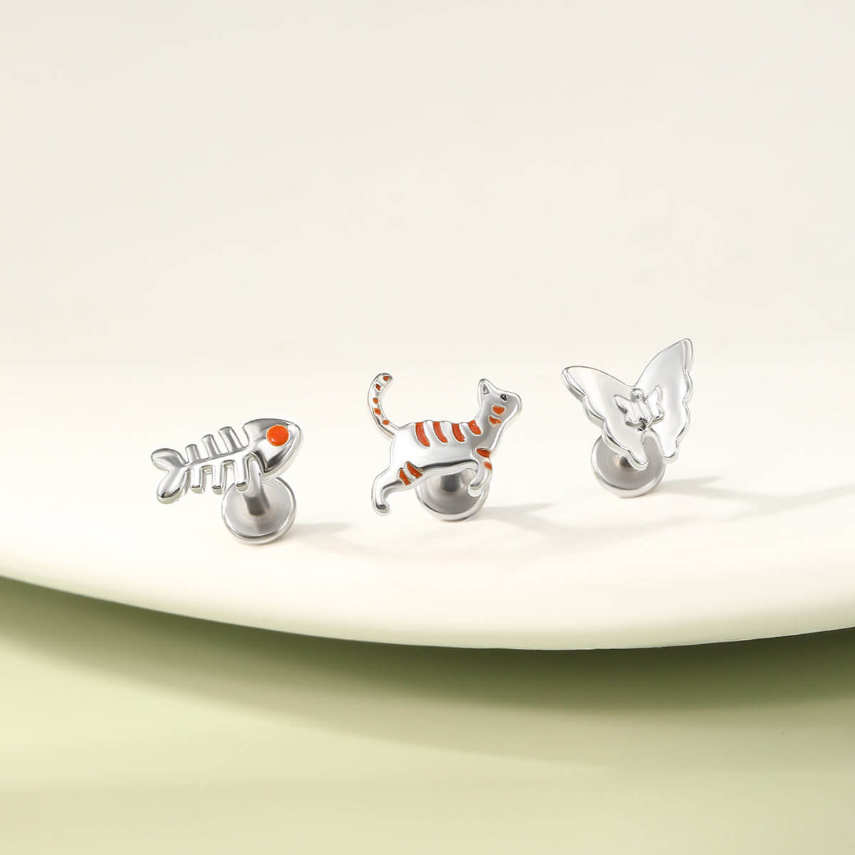 Oufer X Roly Cat Fish Butterfly Internally Threaded Cartilage Studs Set