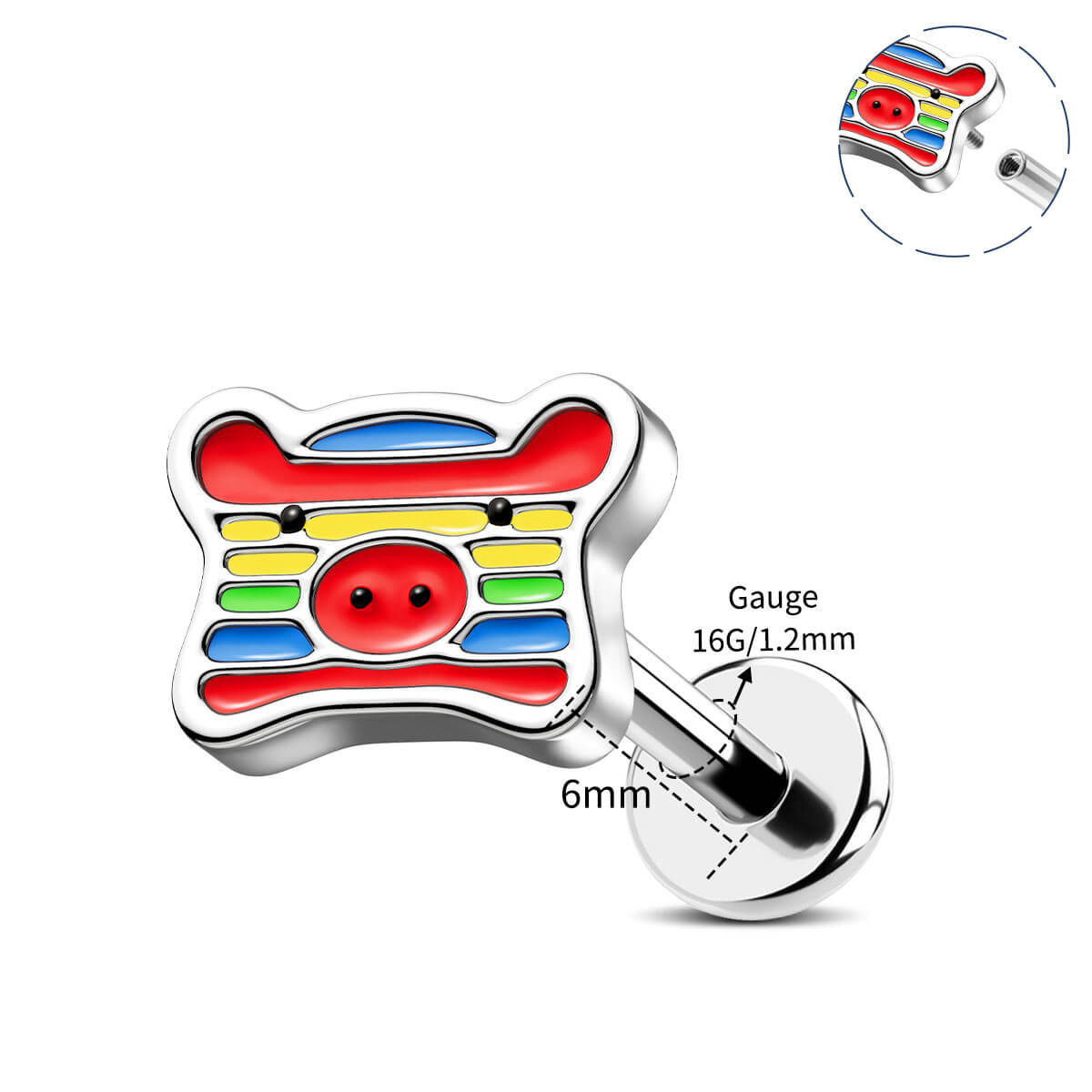 Oufer X Roly Rainbow Pig Internally Threaded Cartilage Stud