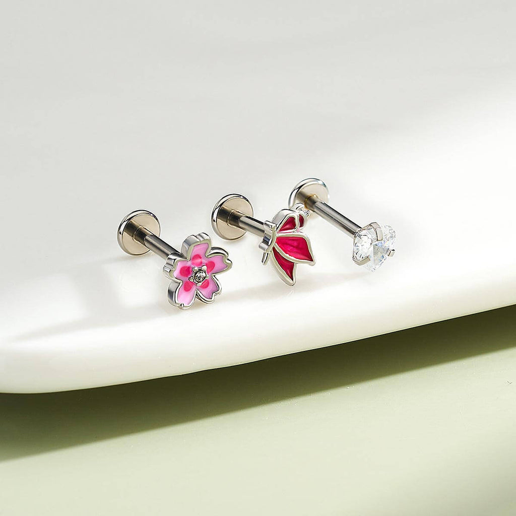 3PCS Flower Butterfly Internally Threaded Helix Studs