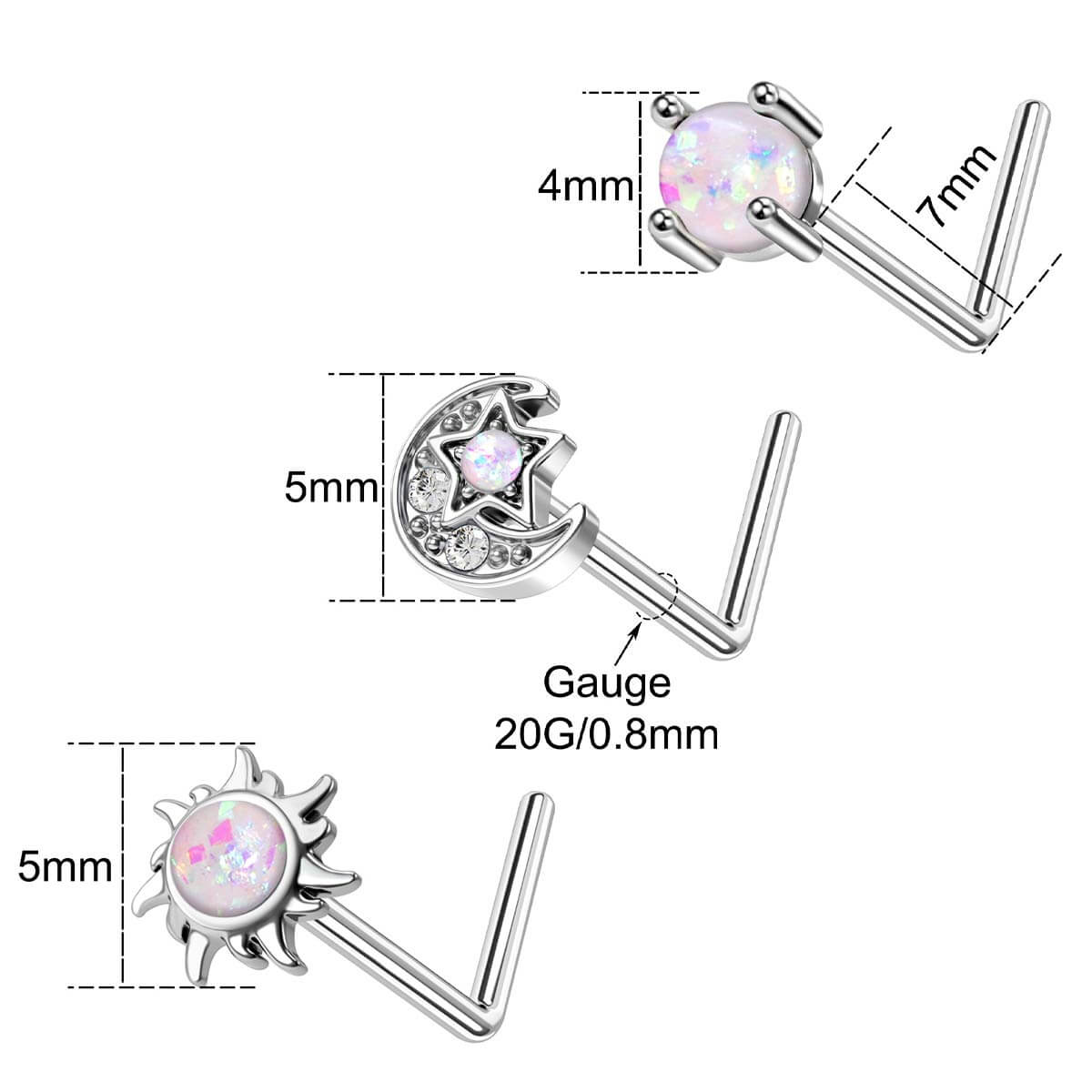 3PCS Synthetic Opal Moon & Star Nose Studs Pack
