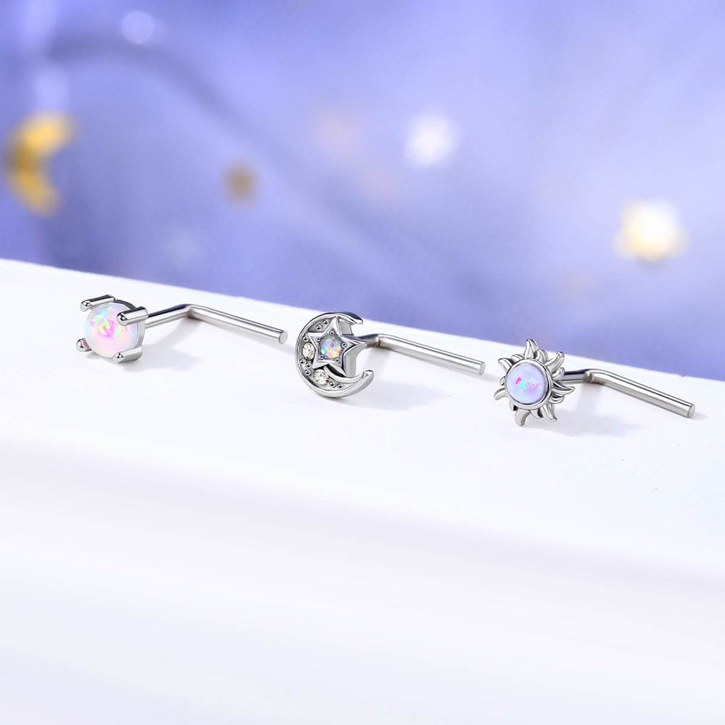 3PCS Synthetic Opal Moon & Star Nose Studs Pack