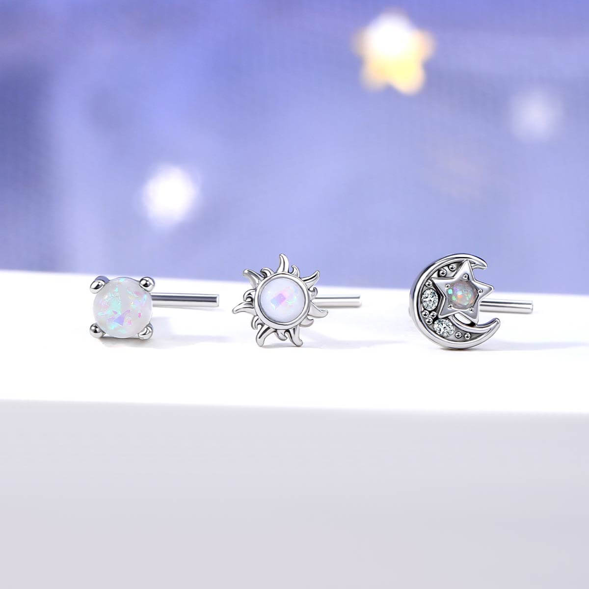 3PCS Synthetic Opal Moon & Star Nose Studs Pack