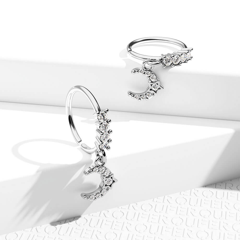 Bezel Set CZ Moon Dangle Nose Ring