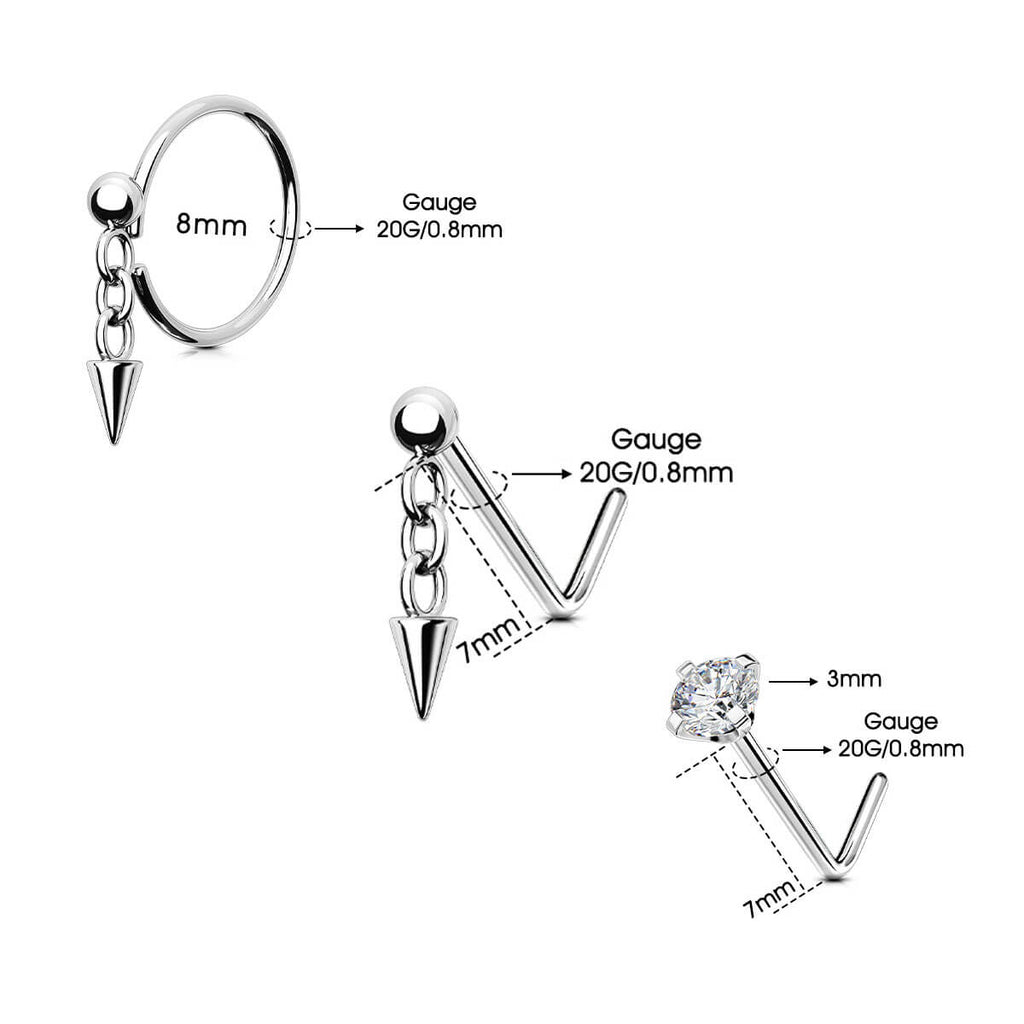3PCS Spike Dangle Nose Studs Pack