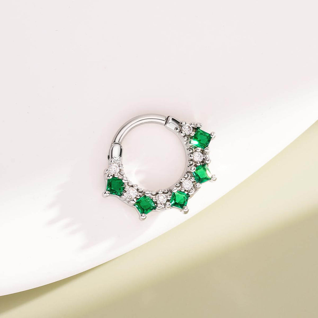 Green Gem & Clear CZ Cluster Clicker Septum Ring