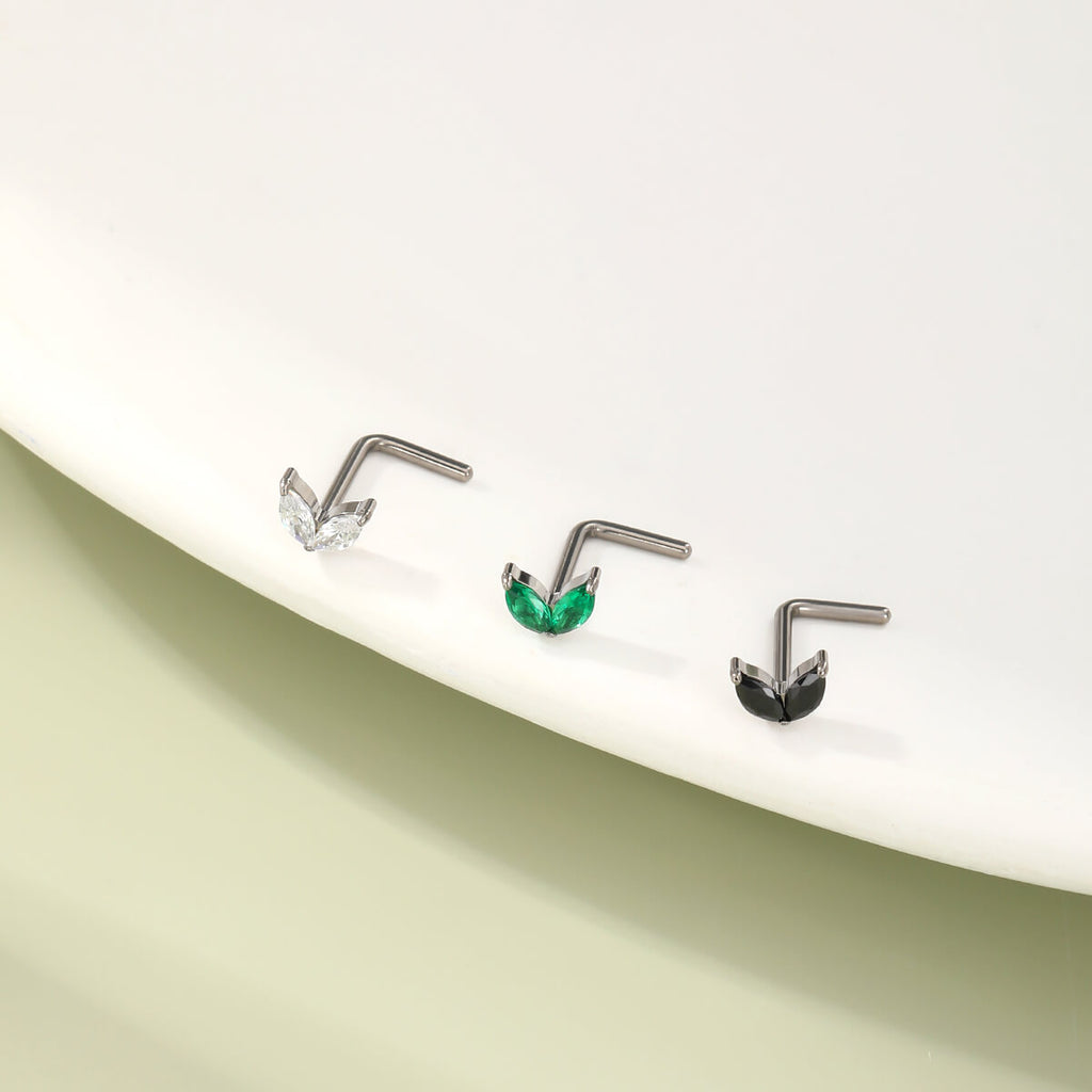 CZ Leave L-Shaped Titanium Nose Stud