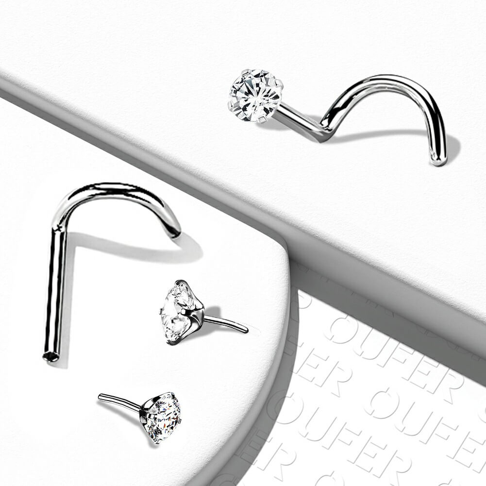 Titanium CZ Threadless Screw Nose Stud