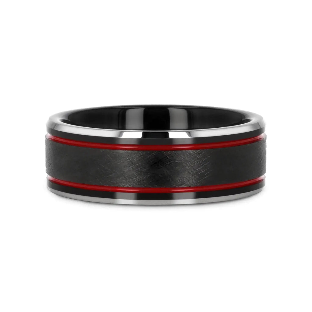 OLIS Wire Finish Black Tungsten Men’s Wedding Band with Double Red Stripes, Polished Beveled Edges – 8mm