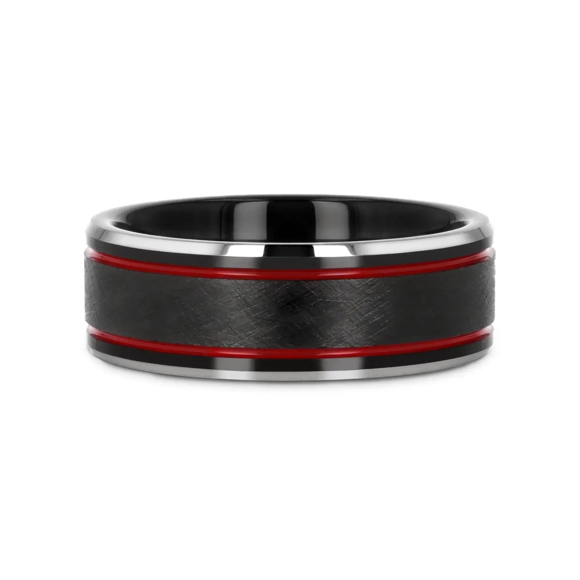 OLIS Wire Finish Black Tungsten Men’s Wedding Band with Double Red Stripes, Polished Beveled Edges – 8mm