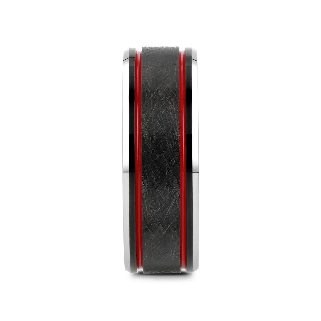 OLIS Wire Finish Black Tungsten Men’s Wedding Band with Double Red Stripes, Polished Beveled Edges – 8mm