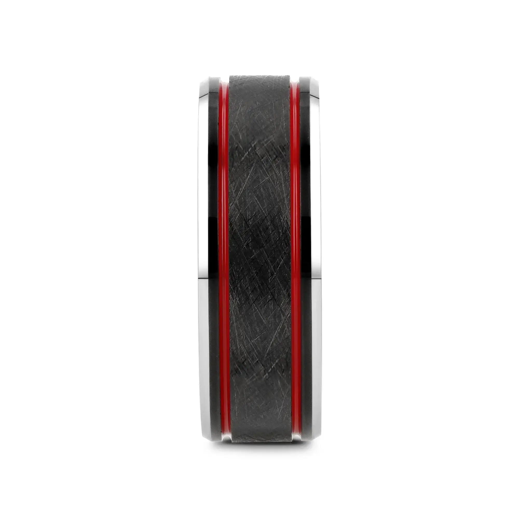 OLIS Wire Finish Black Tungsten Men’s Wedding Band with Double Red Stripes, Polished Beveled Edges – 8mm