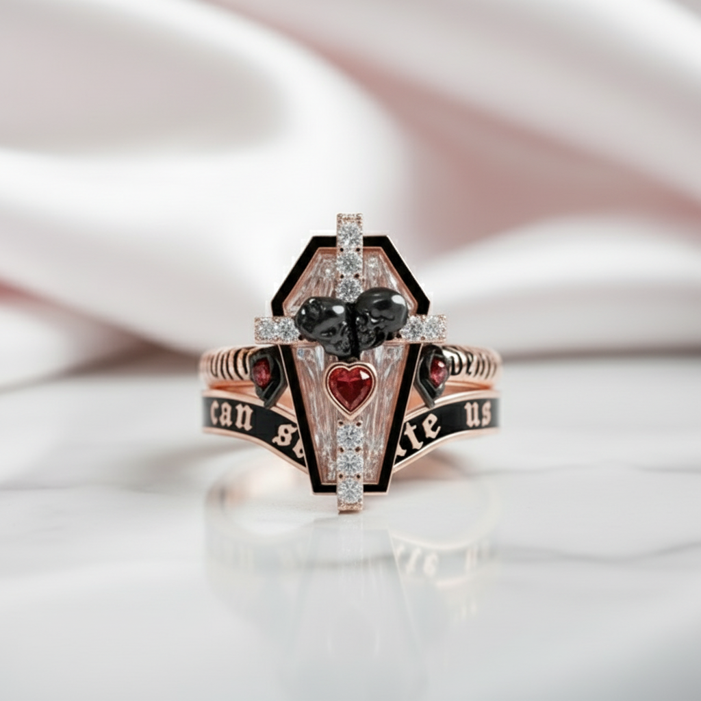 Only Death Can Separate Us Coffin Cut Diamond Option Wedding Rings