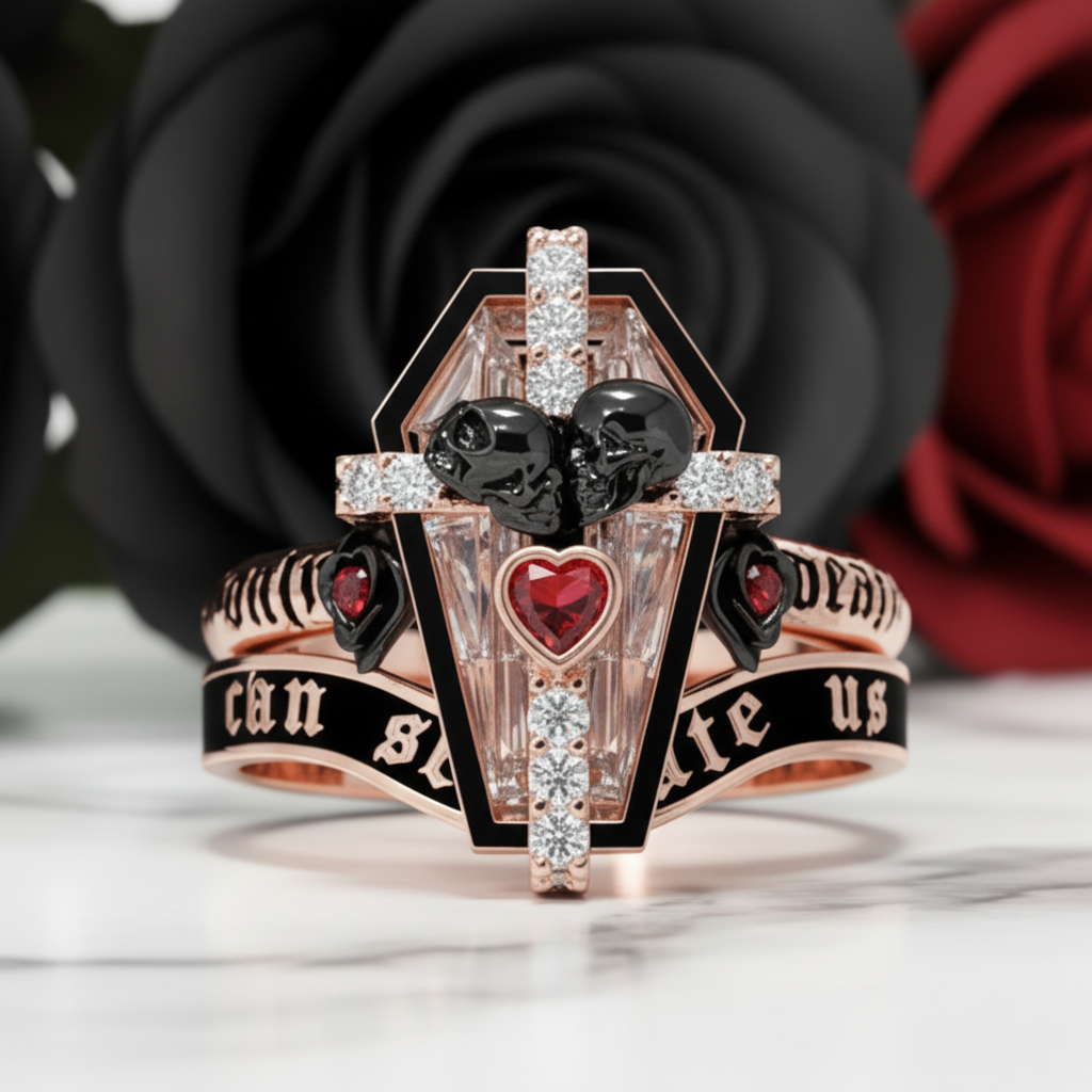 Only Death Can Separate Us Coffin Cut Diamond Option Wedding Rings
