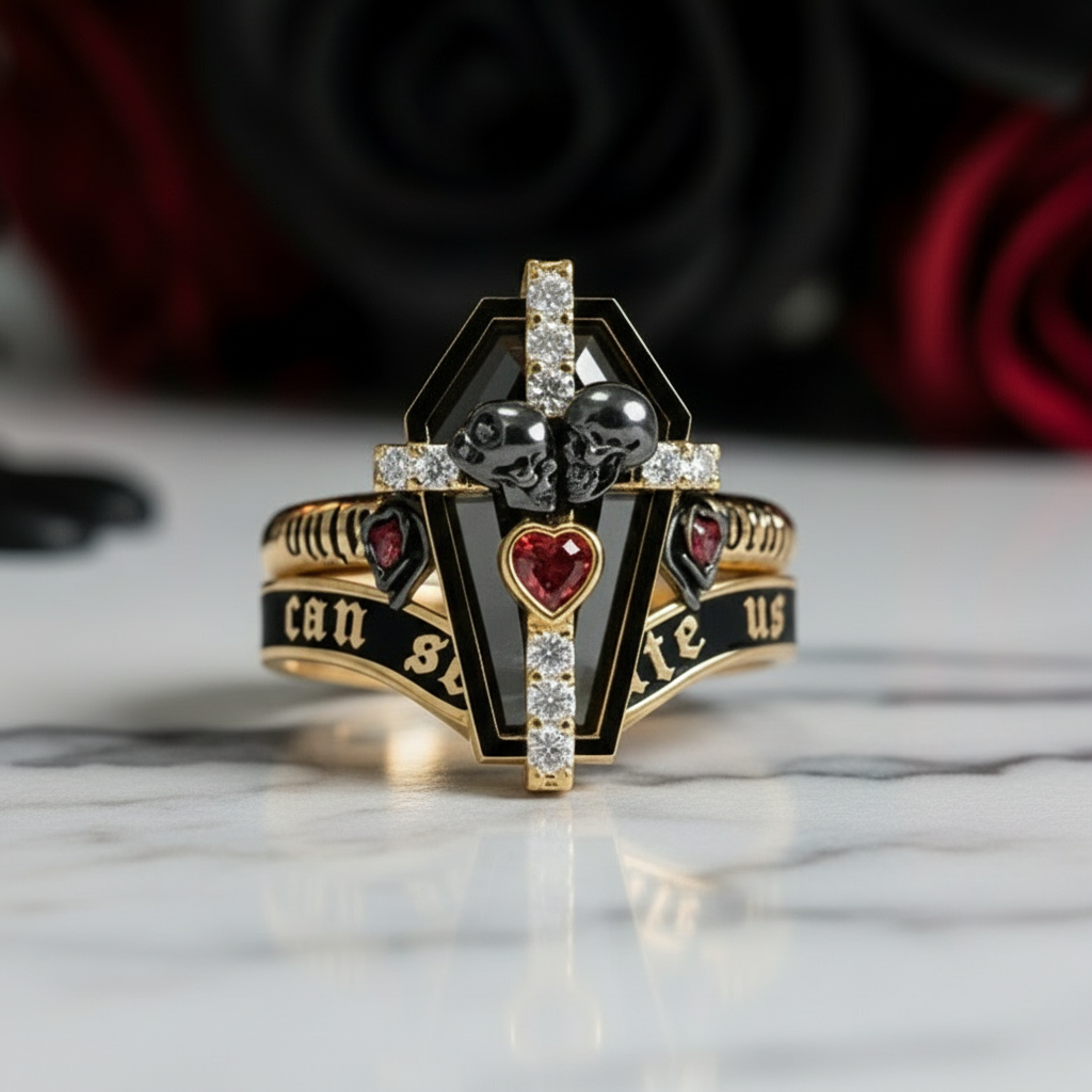 Only Death Can Separate Us Coffin Cut Diamond Option Wedding Rings