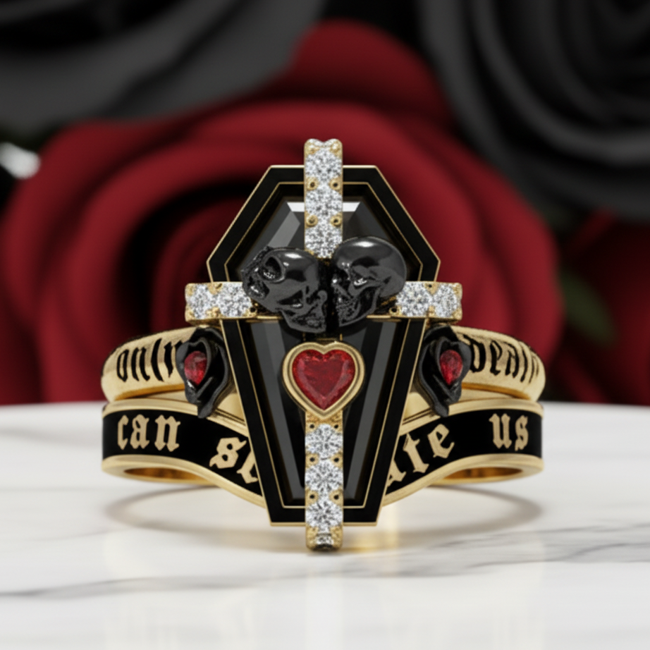 Only Death Can Separate Us Coffin Cut Diamond Option Wedding Rings