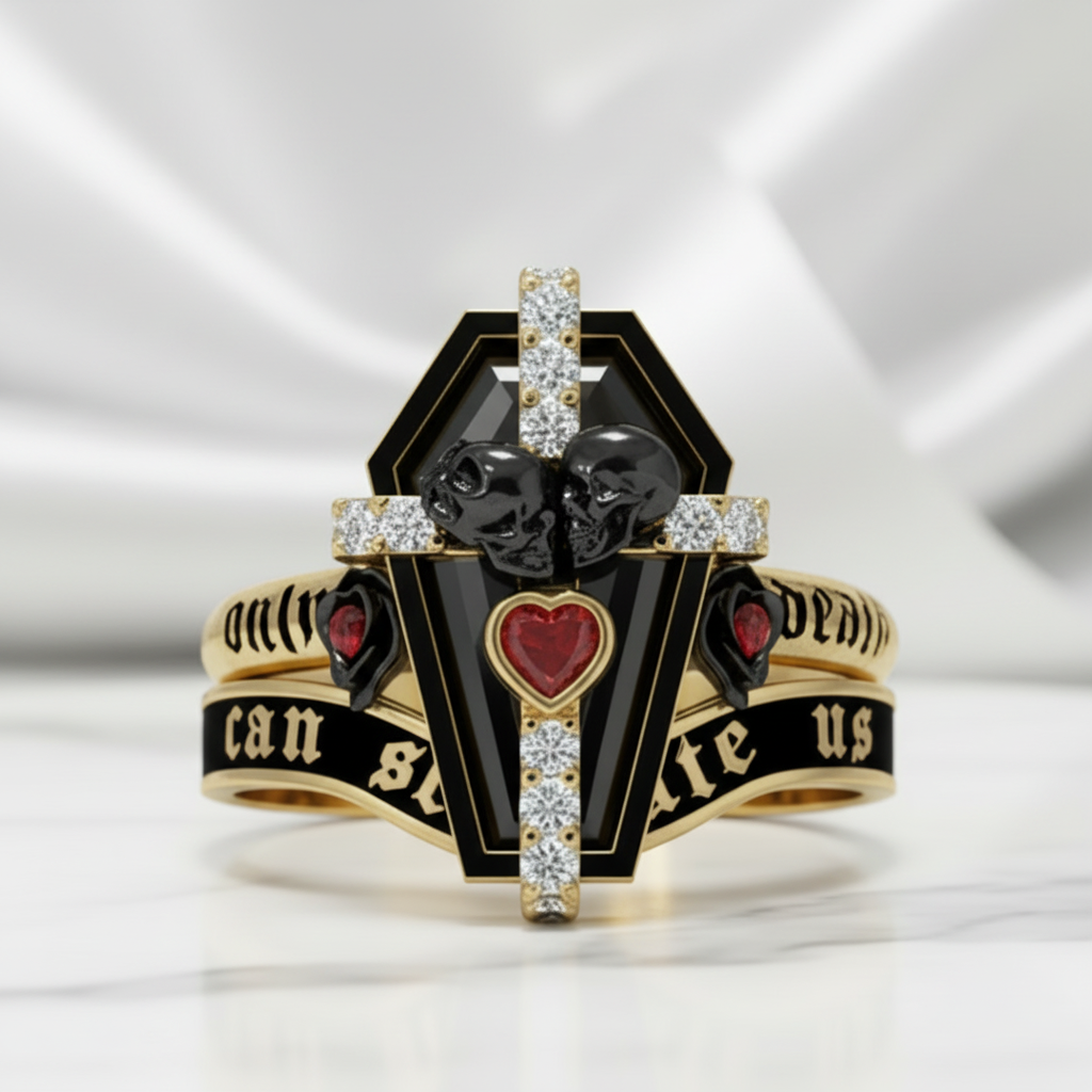 Only Death Can Separate Us Coffin Cut Diamond Option Wedding Rings