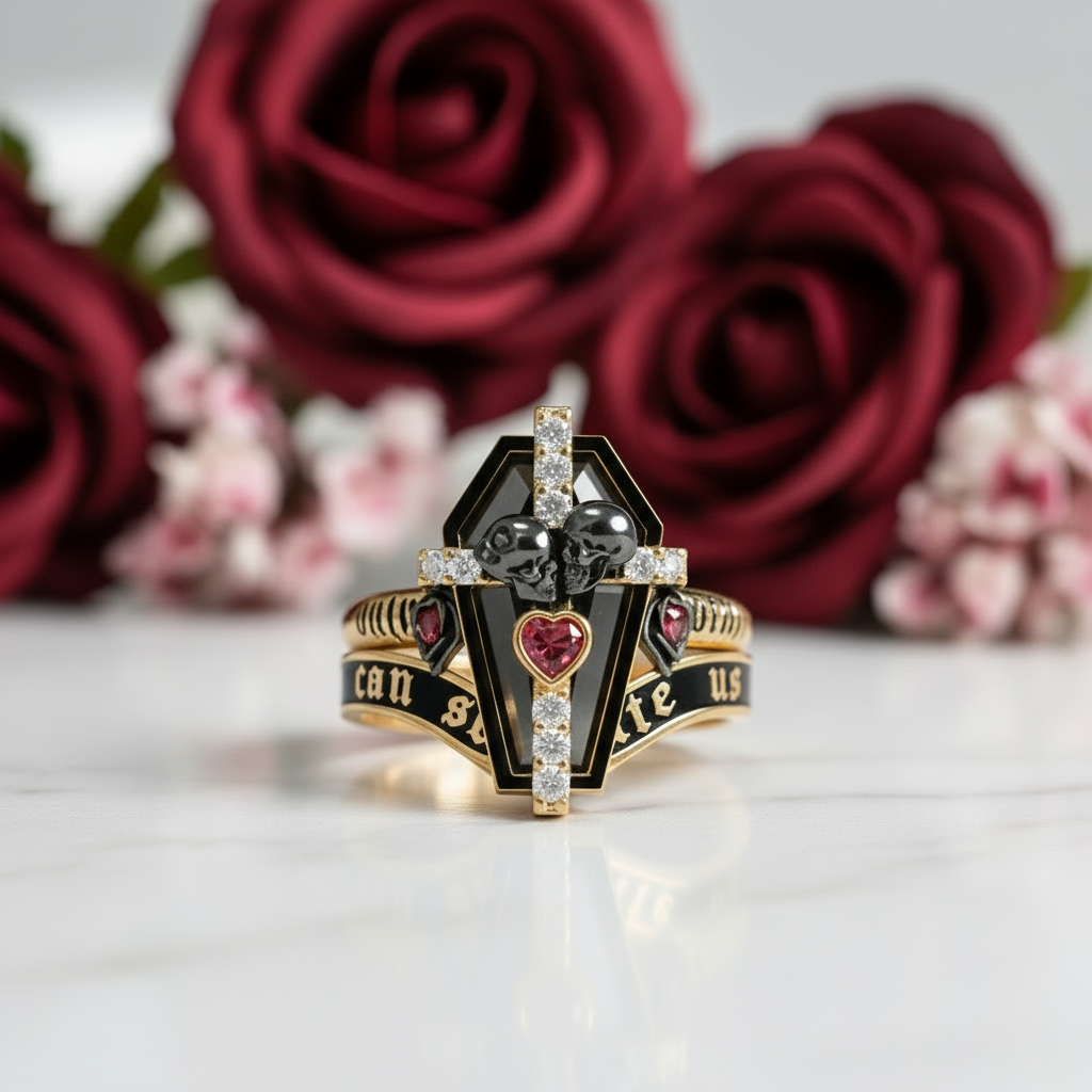 Only Death Can Separate Us Coffin Cut Diamond Option Wedding Rings