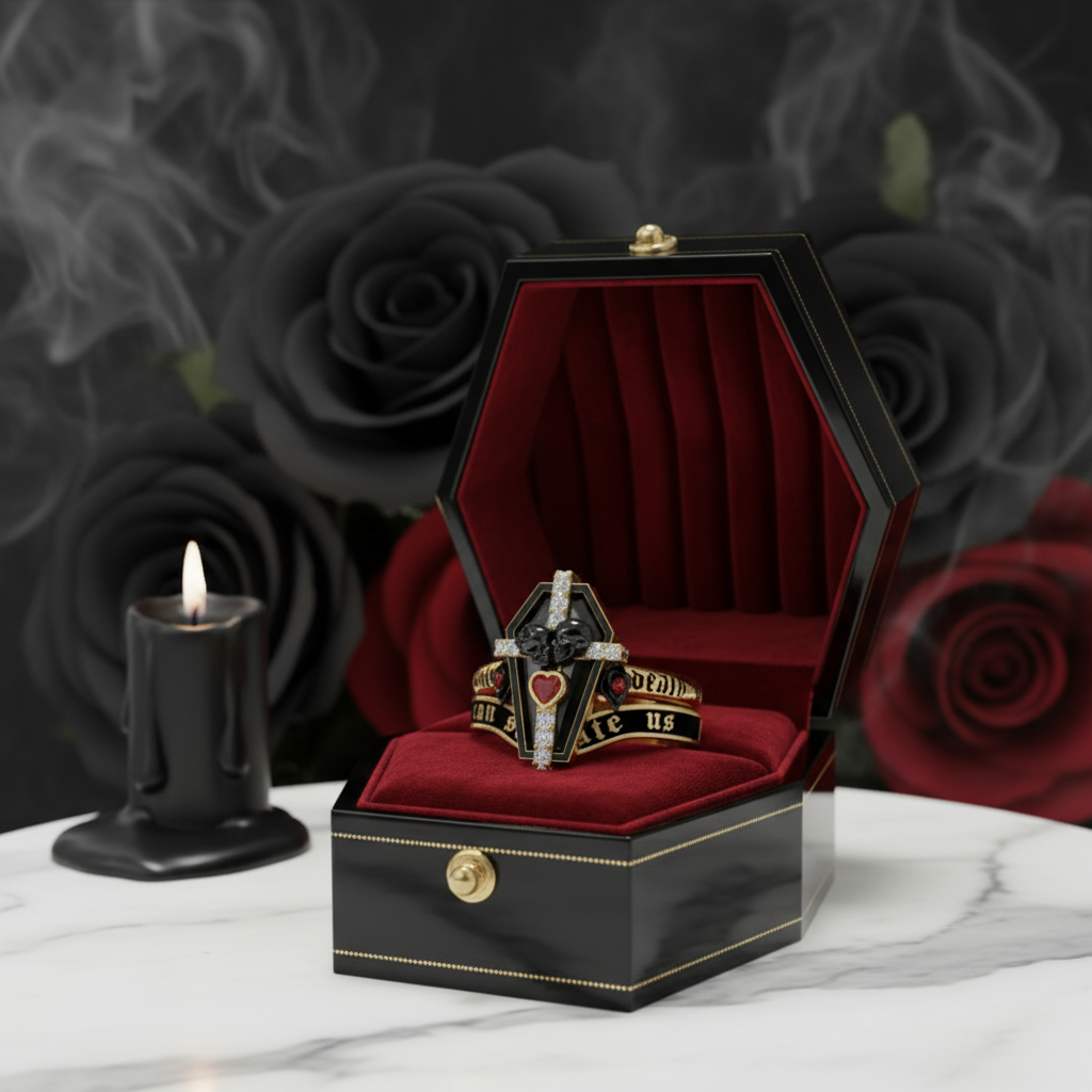 Only Death Can Separate Us Coffin Cut Diamond Option Wedding Rings