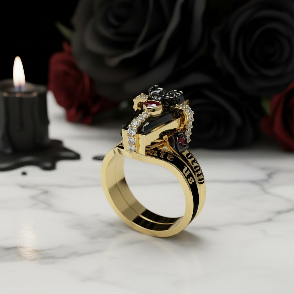 Only Death Can Separate Us Coffin Cut Diamond Option Wedding Rings