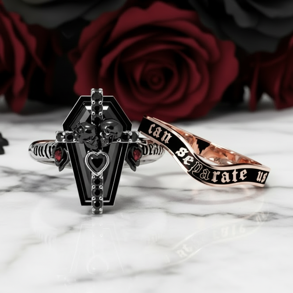 Only Death Can Separate Us Coffin Cut Diamond Option Wedding Rings