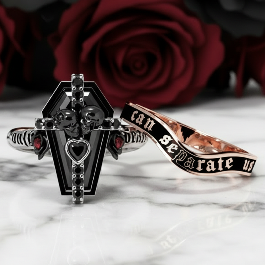 Only Death Can Separate Us Coffin Cut Diamond Option Wedding Rings