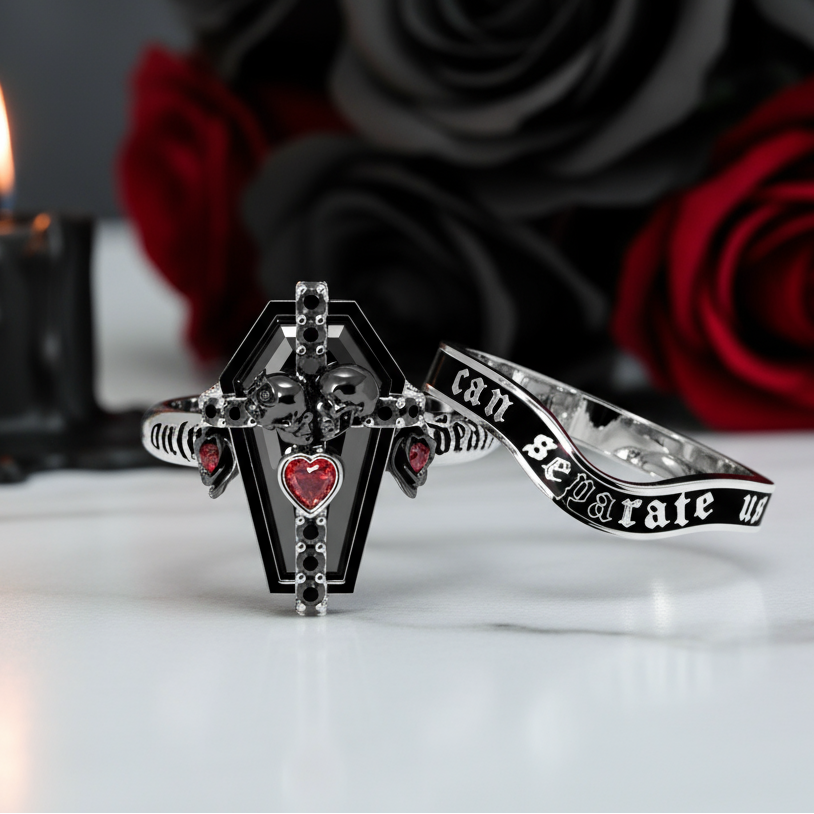 Only Death Can Separate Us Coffin Cut Diamond Option Wedding Rings