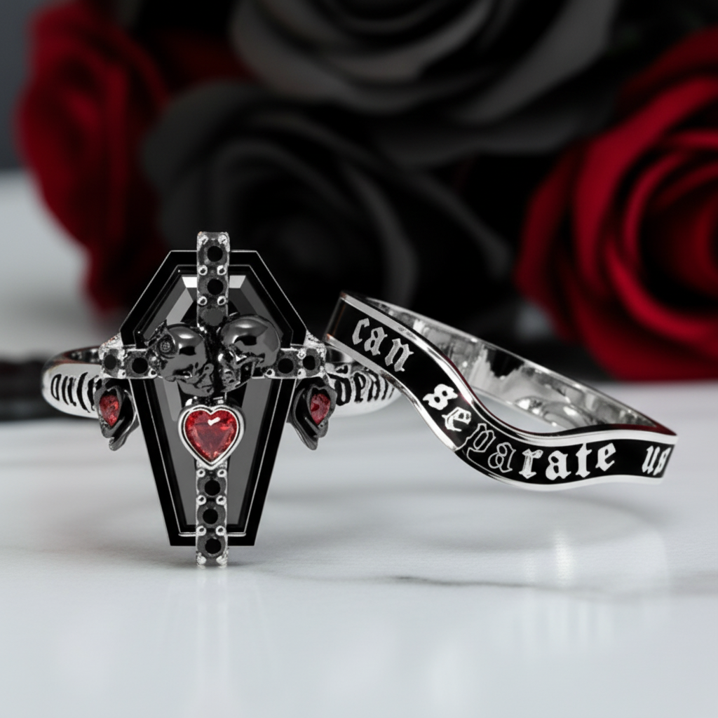 Only Death Can Separate Us Coffin Cut Diamond Option Wedding Rings