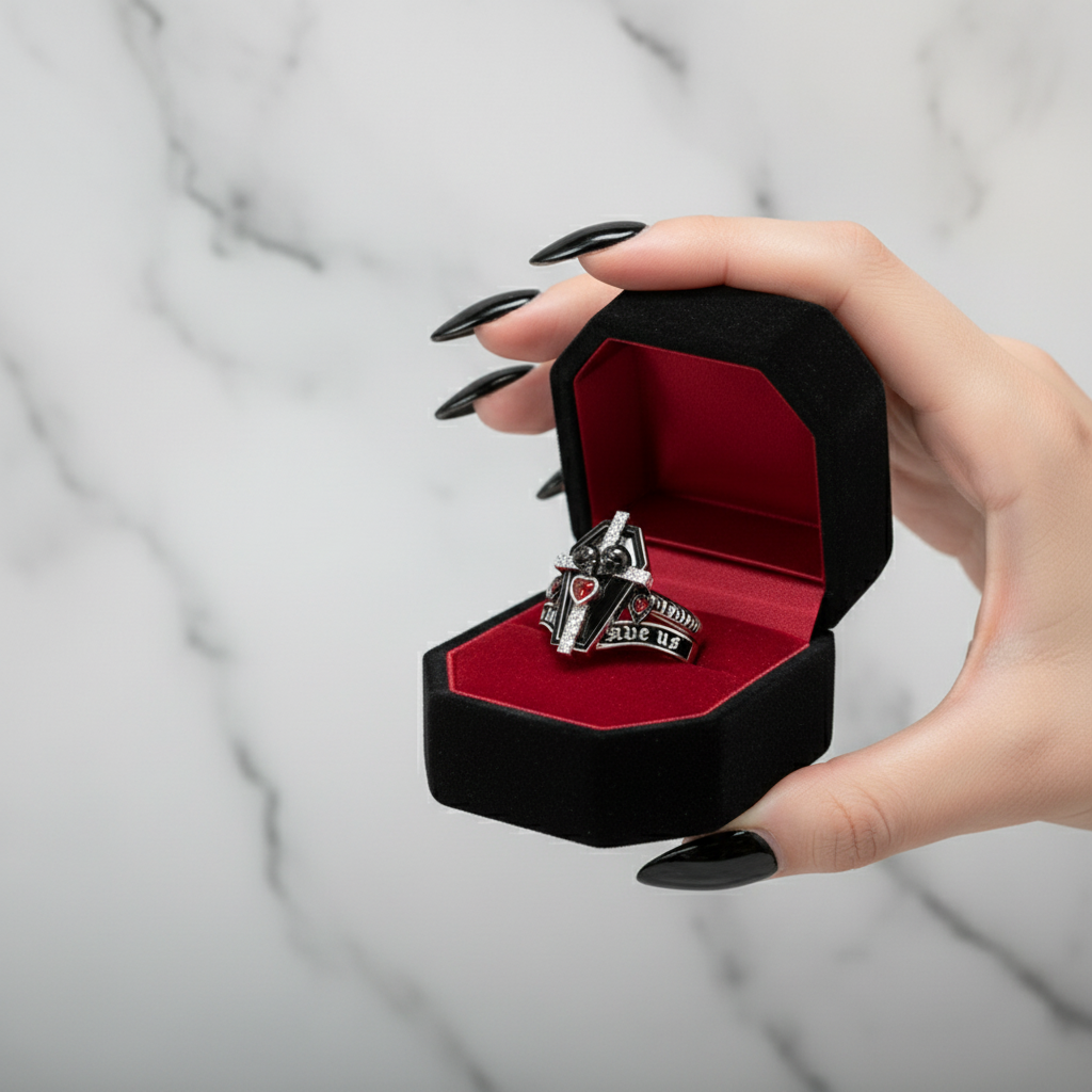 Only Death Can Separate Us Coffin Cut Diamond Option Wedding Rings