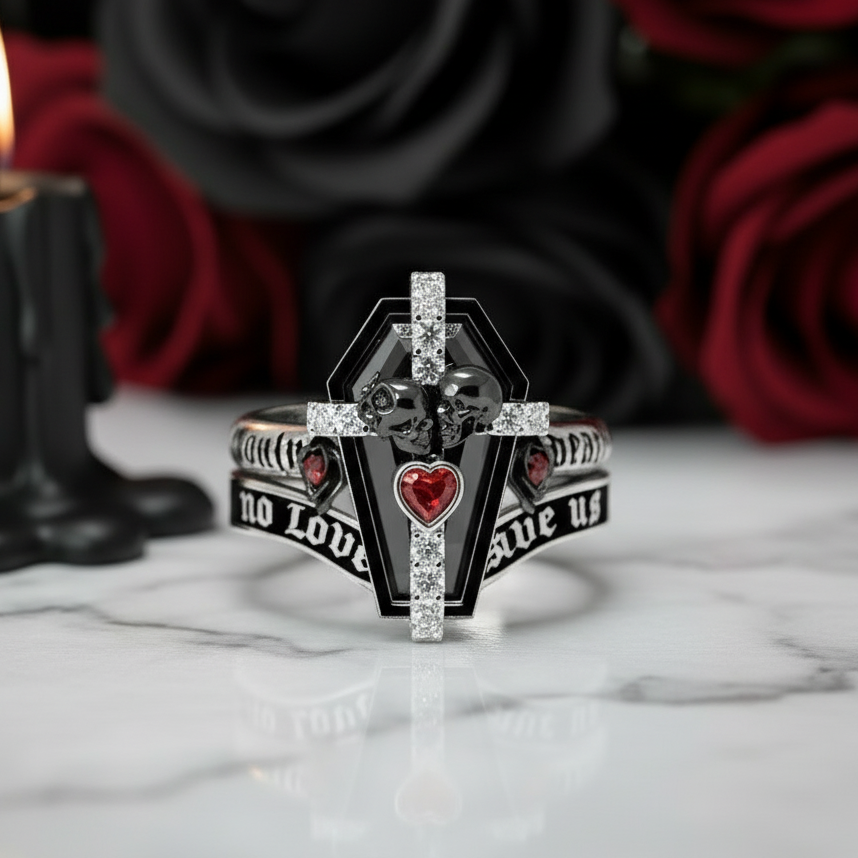 Only Death Can Separate Us Coffin Cut Diamond Option Wedding Rings