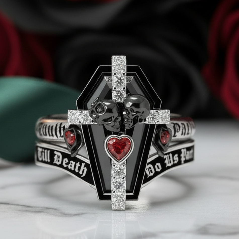 Only Death Can Separate Us Coffin Cut Diamond Option Wedding Rings