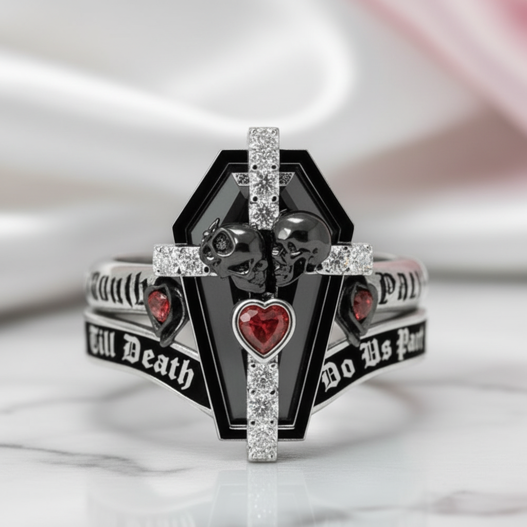 Only Death Can Separate Us Coffin Cut Diamond Option Wedding Rings