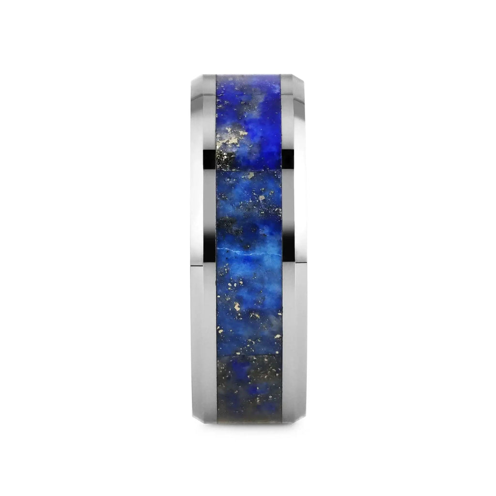 OSIAS Men’s Polished Tungsten Wedding Band with Blue Lapis Inlay & Beveled Edges - 8mm
