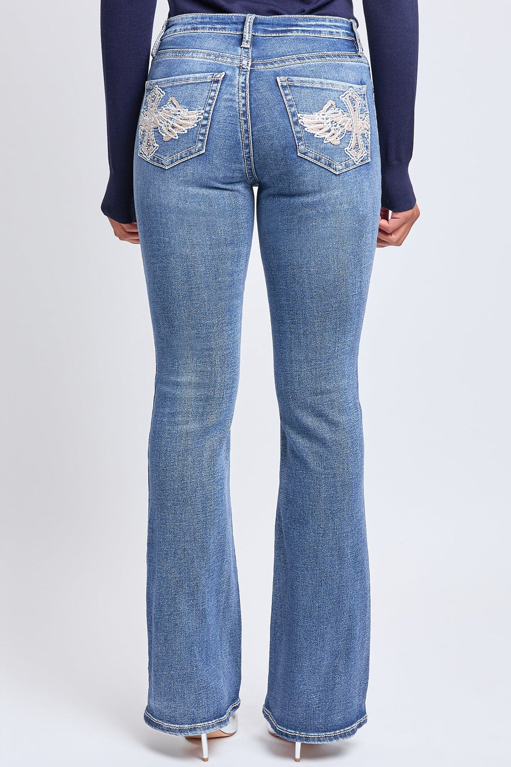 Women's Mid Rise Heavy Stitch Bootcut Cross Studded Jeans
