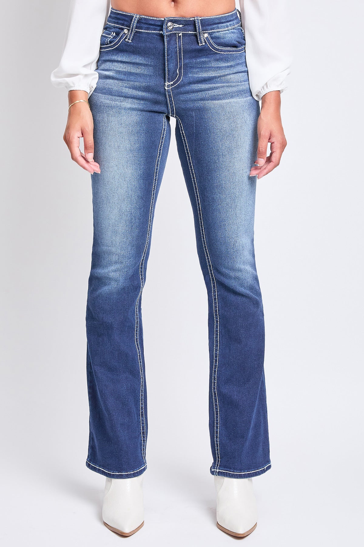 Women's Mid Rise Heavy Stitch Bootcut Cross Studded Jeans