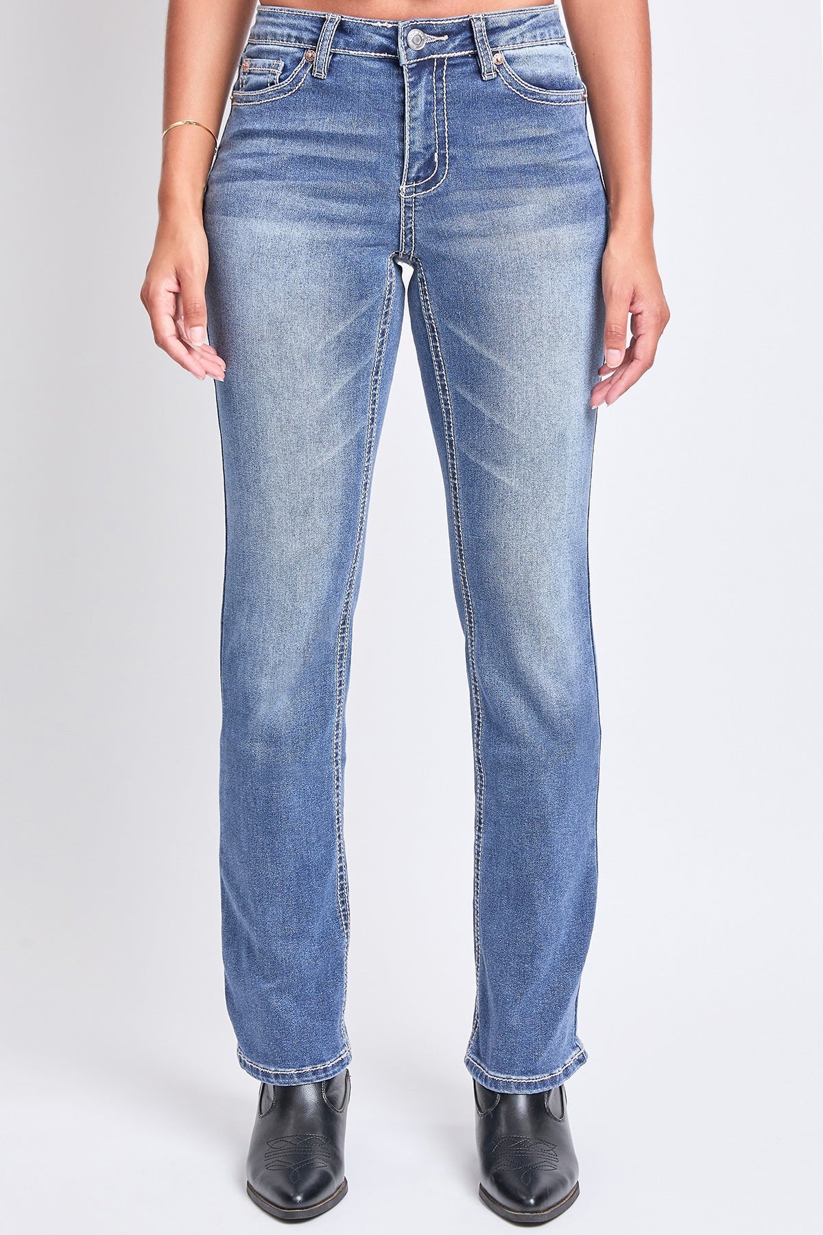 Women's Mid Rise Studded Fleur De Lis Bootcut Jeans