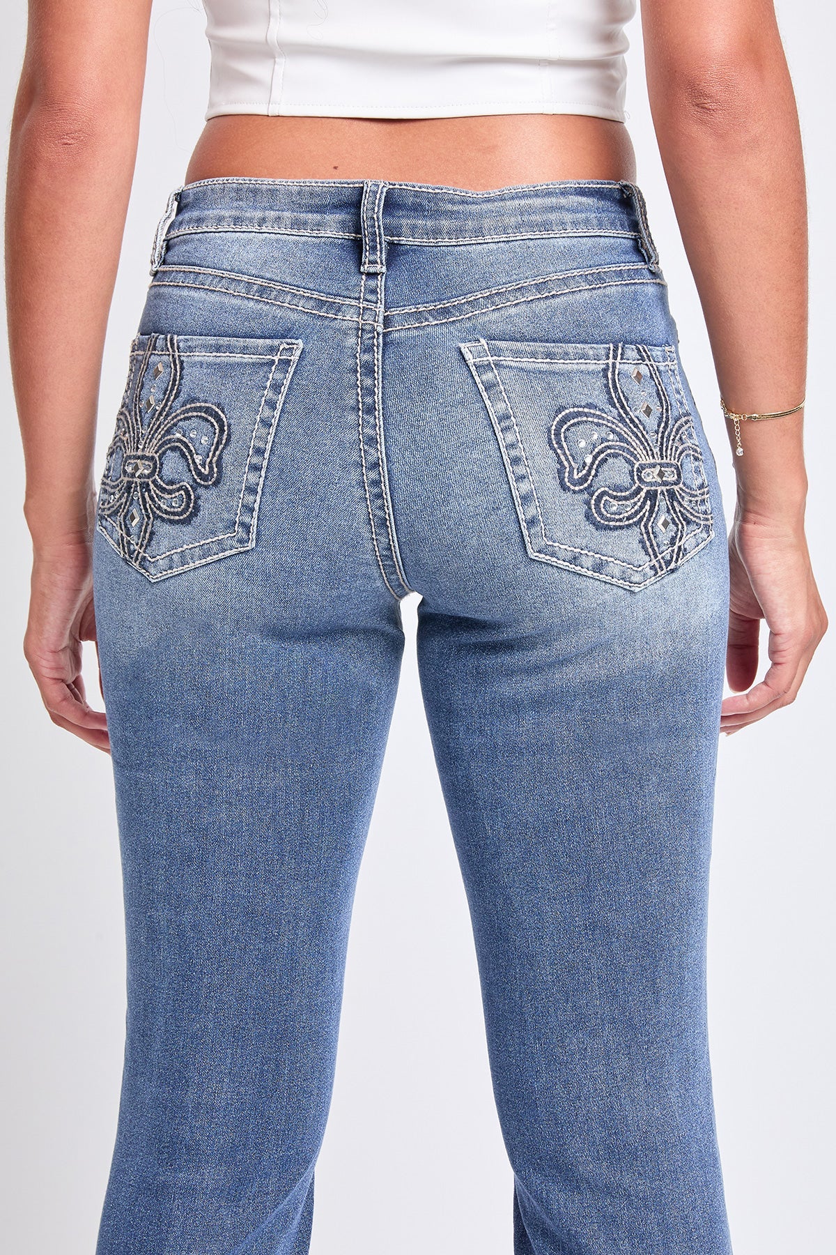 Women's Mid Rise Studded Fleur De Lis Bootcut Jeans