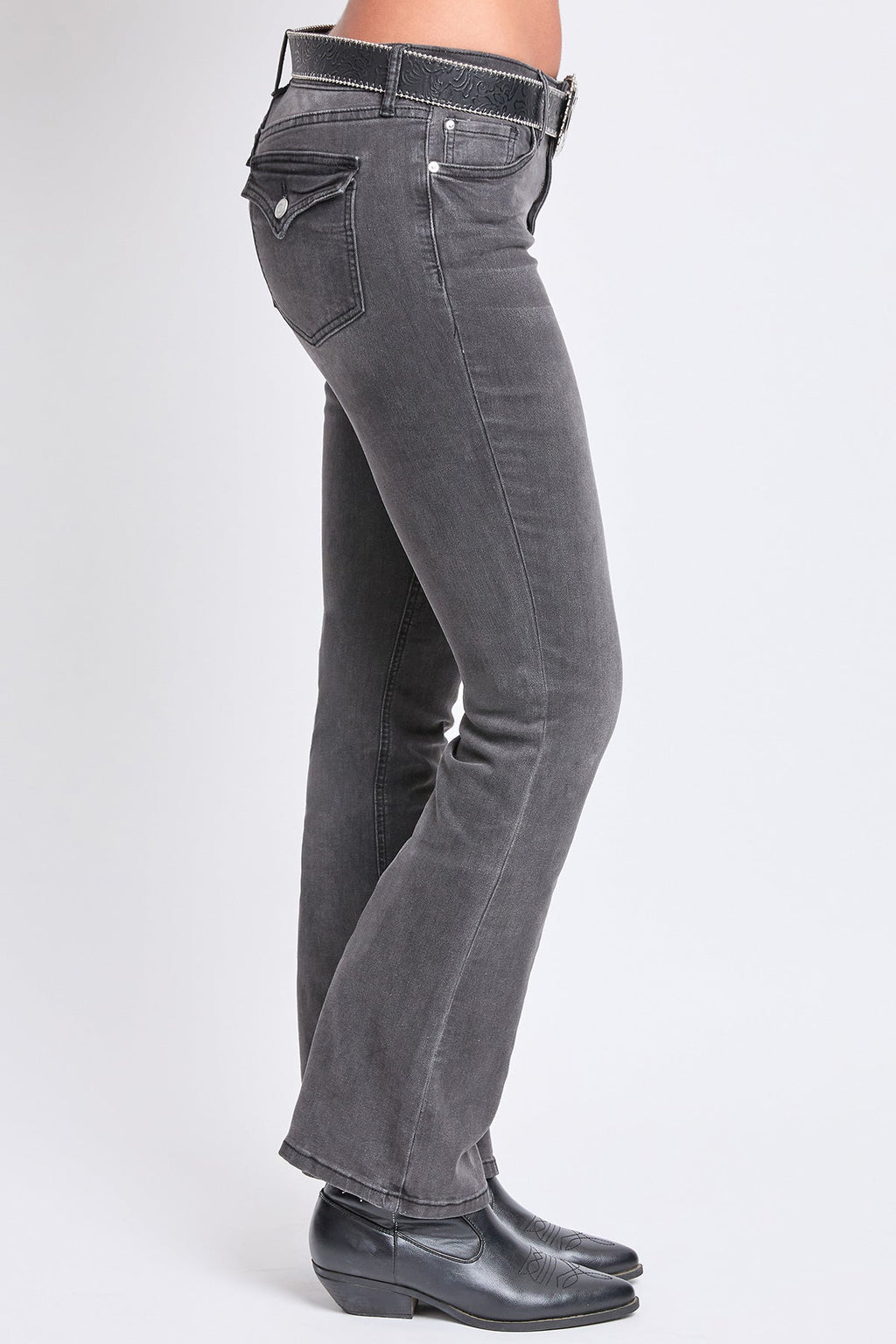 Women's Mid Rise Flap Pocket Belted Bootcut Jeans