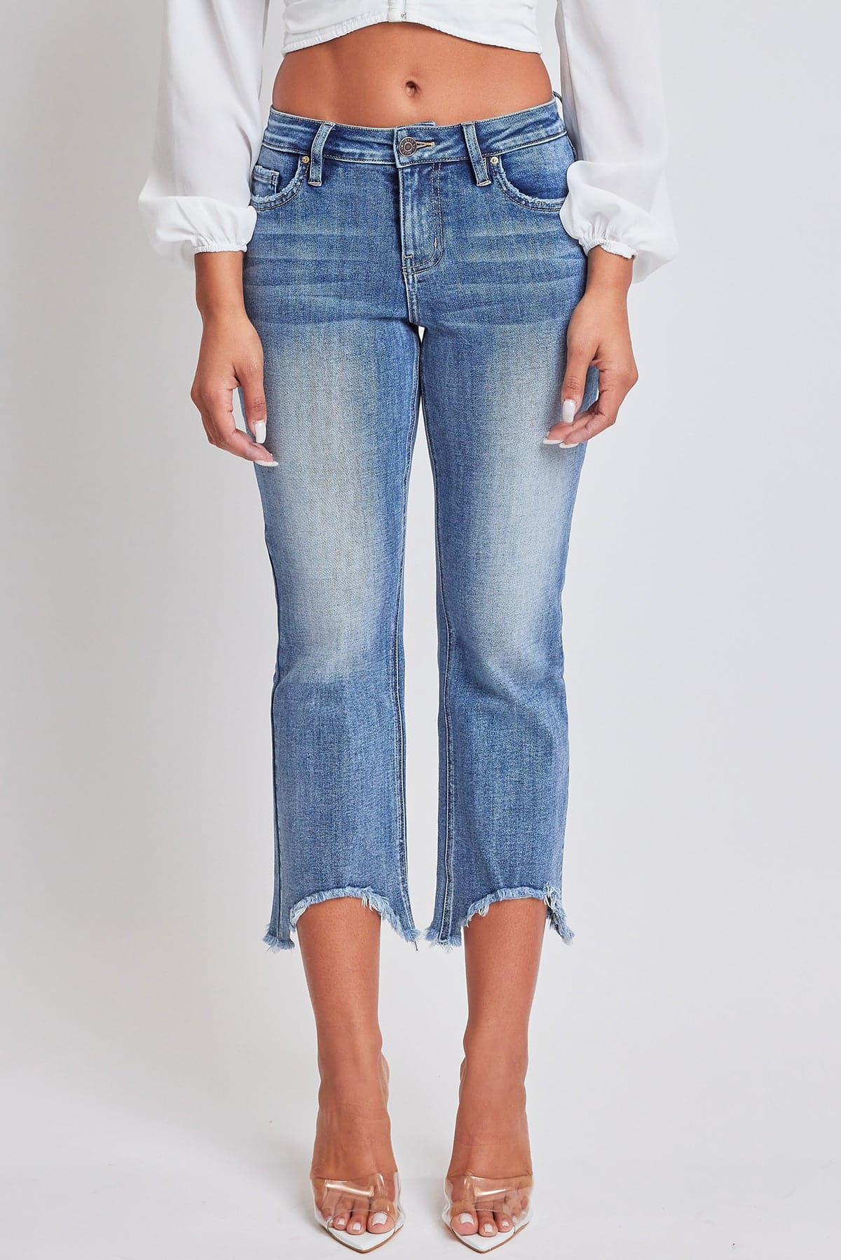 Women's Mid Rise Kick Flare Fray Hem Cropped Jeans