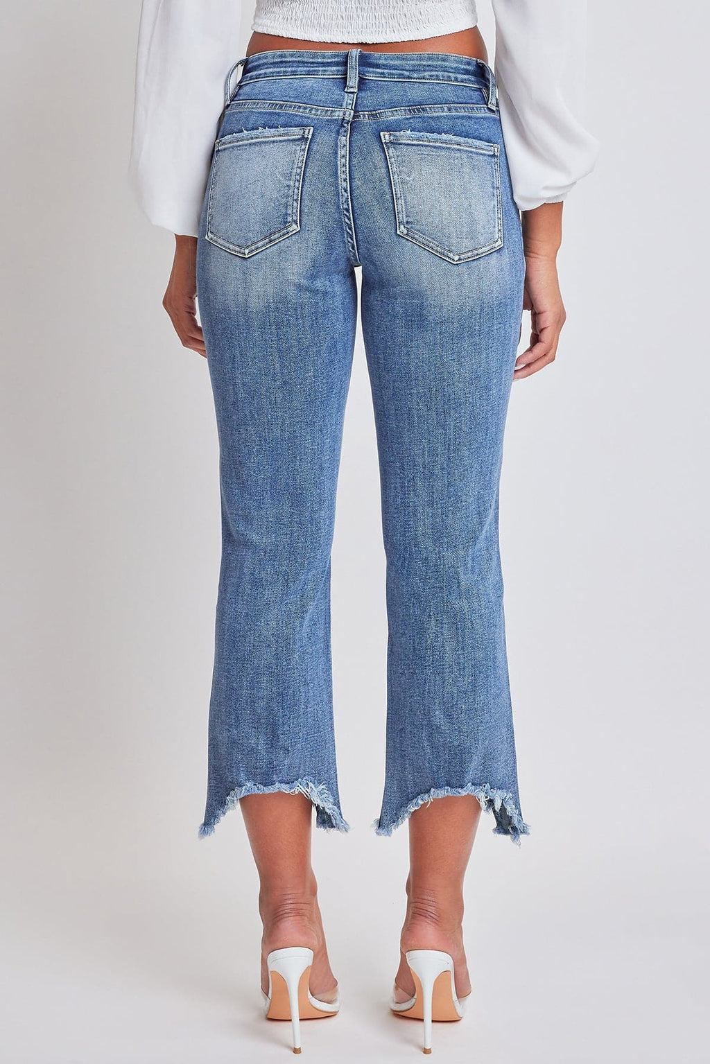 Women's Mid Rise Kick Flare Fray Hem Cropped Jeans