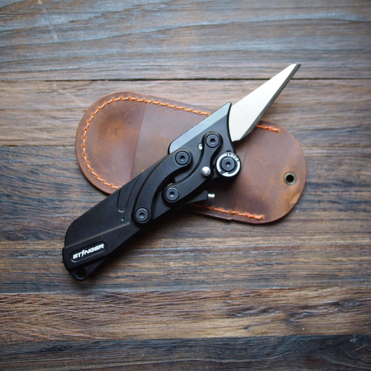 Stinger Olfa Evolution Blade with Leather Pouch, Folding Pocket Knife, Utility Knife - Matte Black